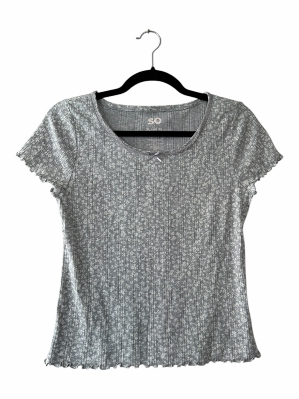 SO Girl’s Gray Short Sleeve Ribbed Tee Ditsy Floral T Shirt Size XL 14/16